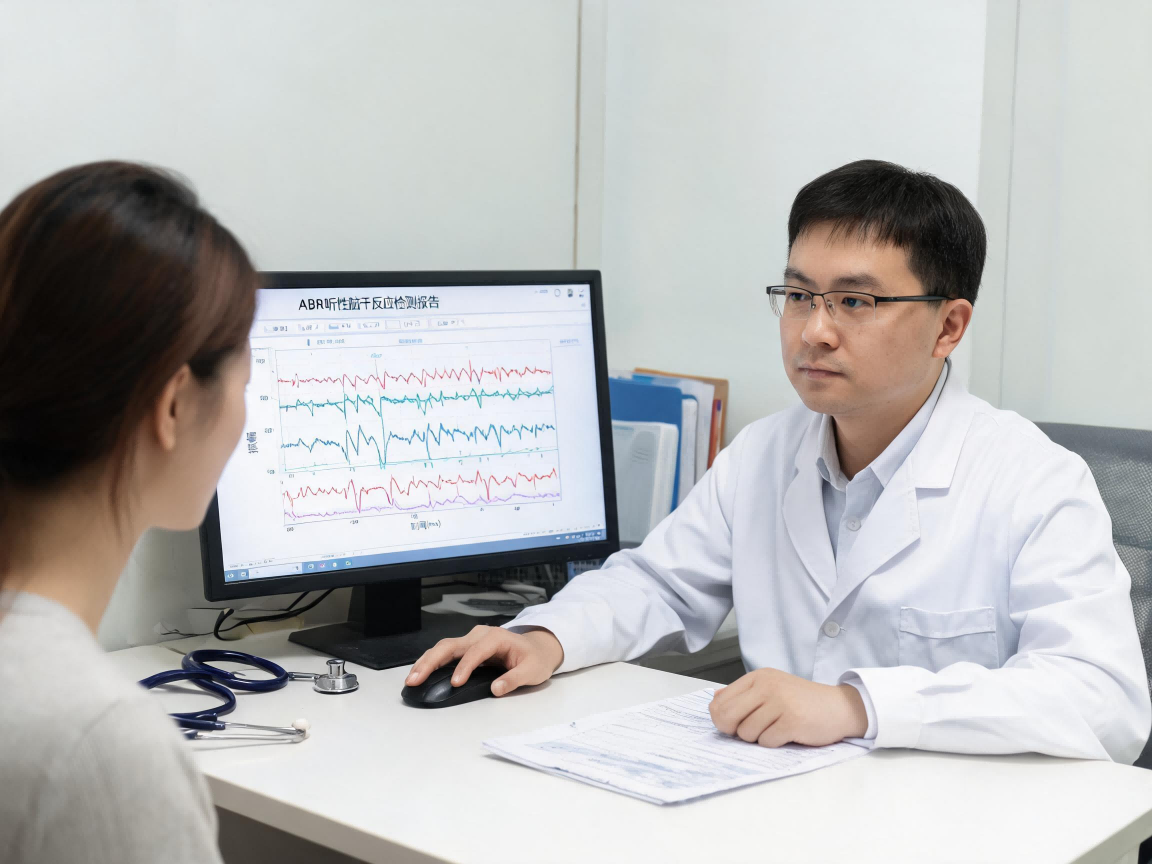 聆康音特捷·Hearway(听道)丨开创国产听力检测诊断设备数字化管理新生态(图3) jimeng-2026-07-09-7212-医生正在电脑上看电子病历,电子病历的内容是ABR检测图,对面坐着一位患者(1).png